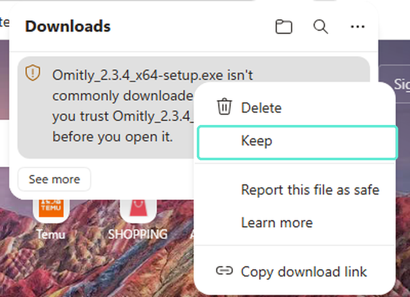 The right-click menu on the download warning, showing Delete, Keep, Report this file as safe, Learn more and Copy download link. Keep is highlighted.