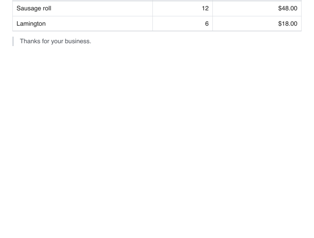 The same invoice rendered by Omitly from Markdown: auto-styled table, proper blockquote, clean typography